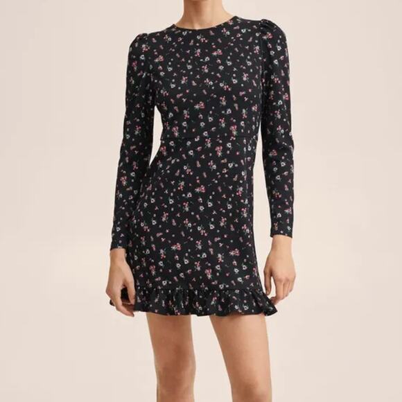 NWT Mango Black Floral Long Sleeve Mini Dress Puff Shoulder Ruffle Hem Size XS - Picture 1 of 12